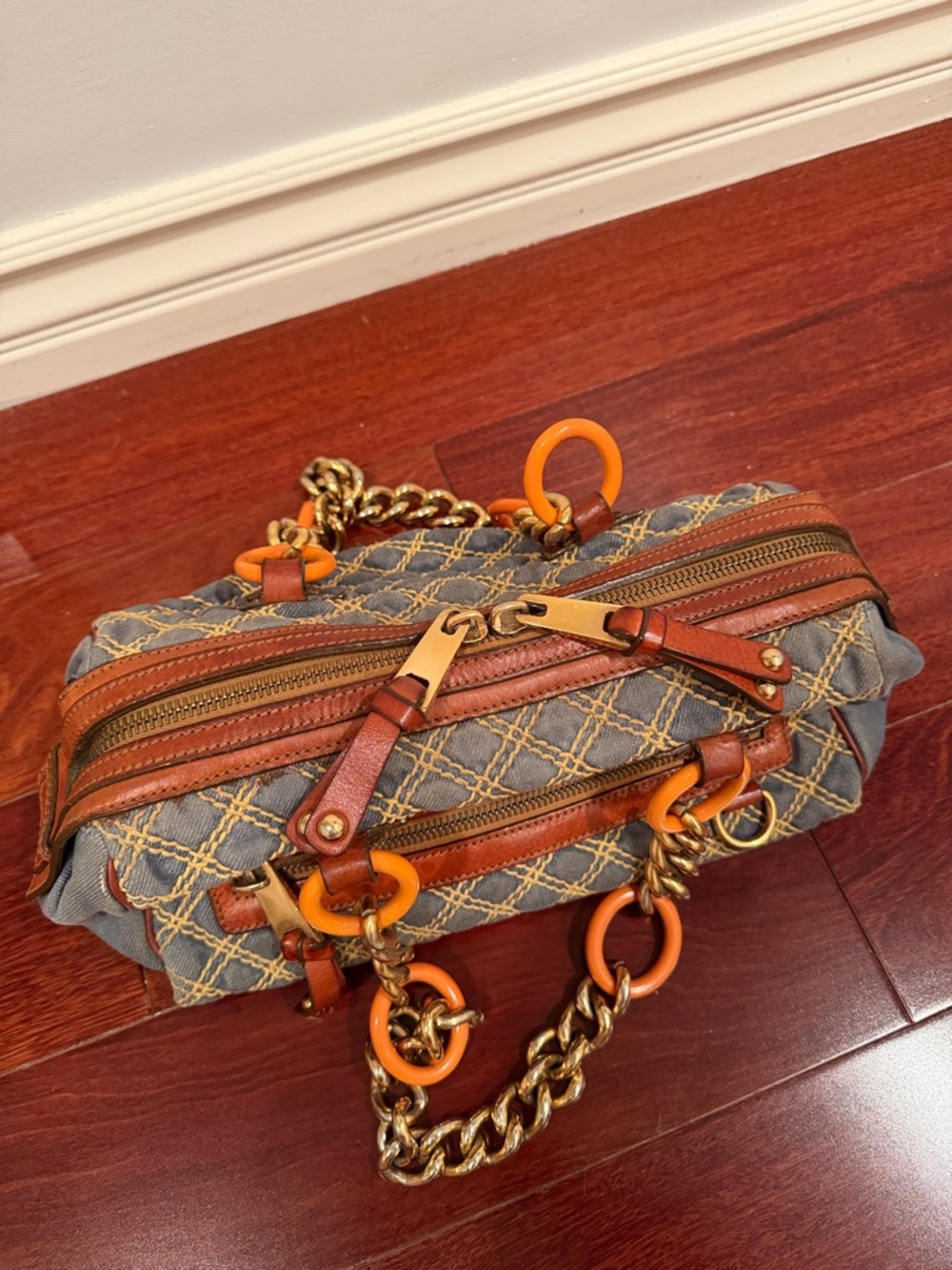 MARC JACOBS Woven Denim Barrel Handbag with Orange Ring Chain Handles - Picture 2 of 8